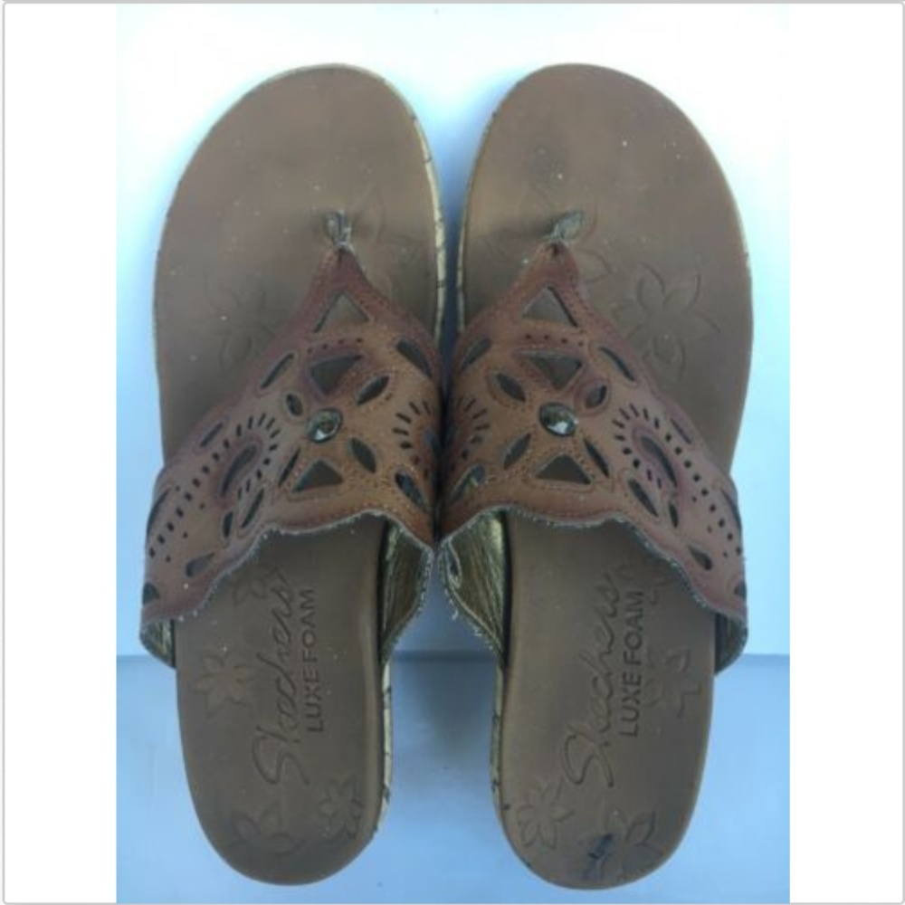 Skechers Luxe Foam Wedge Heels Thongs Sandals. Gem